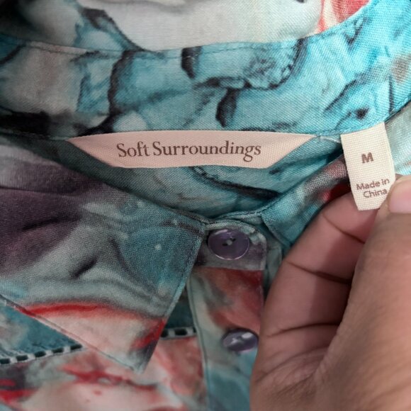 Soft Surroundings M Shirt Dress Blue Coral Marble Abstract Print Rayon Midi - Picture 5 of 9